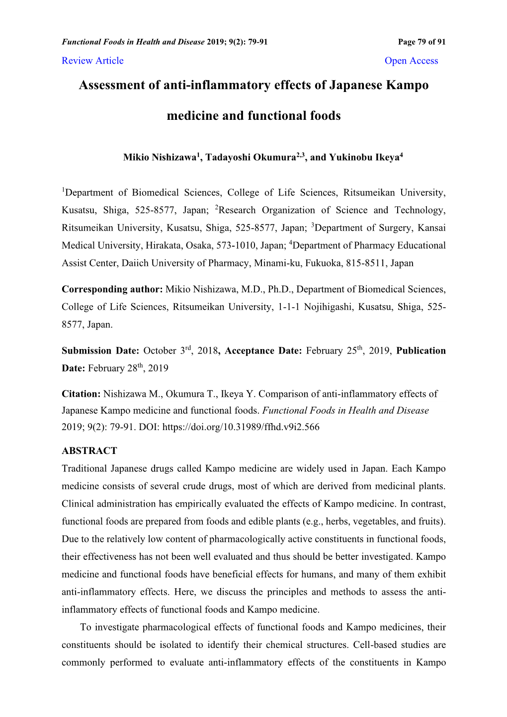 Assessment of Anti-Inflammatory Effects of Japanese Kampo Medicine and Functional Foods