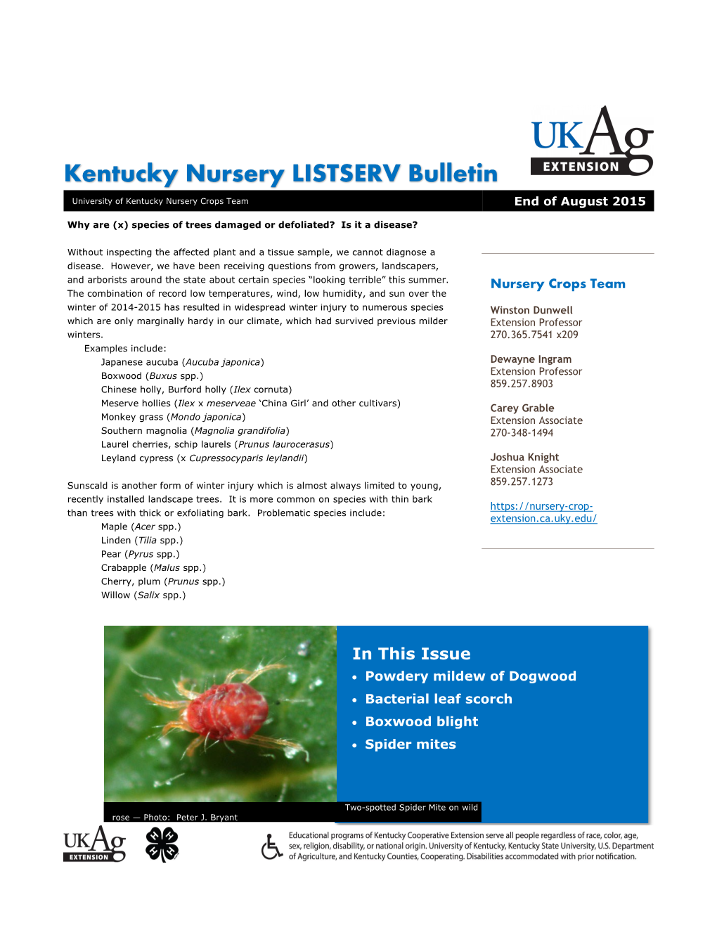 Kentucky Nursery LISTSERV Bulletin University of Kentucky Nursery Crops Team End of August 2015