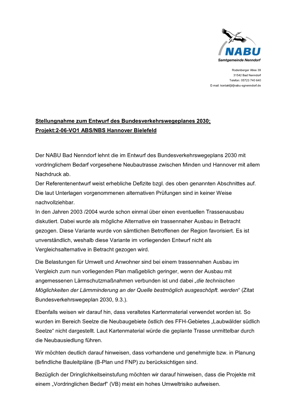 Stellungnahme Zum Entwurf Des Bundesverkehrswegeplanes 2030; Projekt:2-06-VO1 ABS/NBS Hannover Bielefeld
