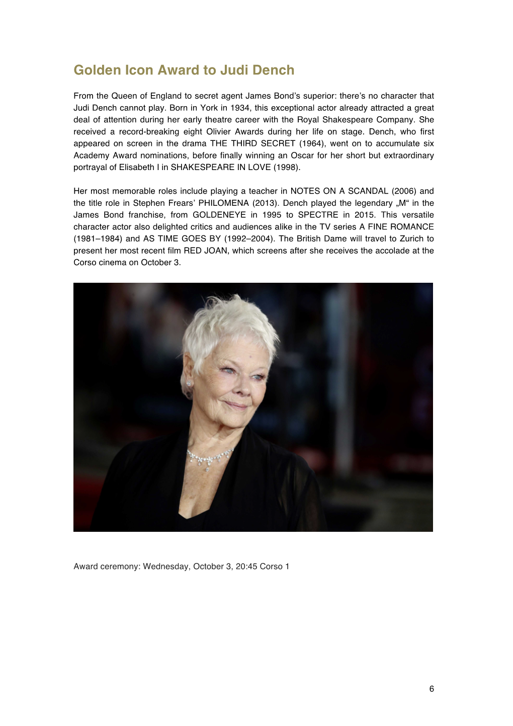 Golden Icon Award to Judi Dench