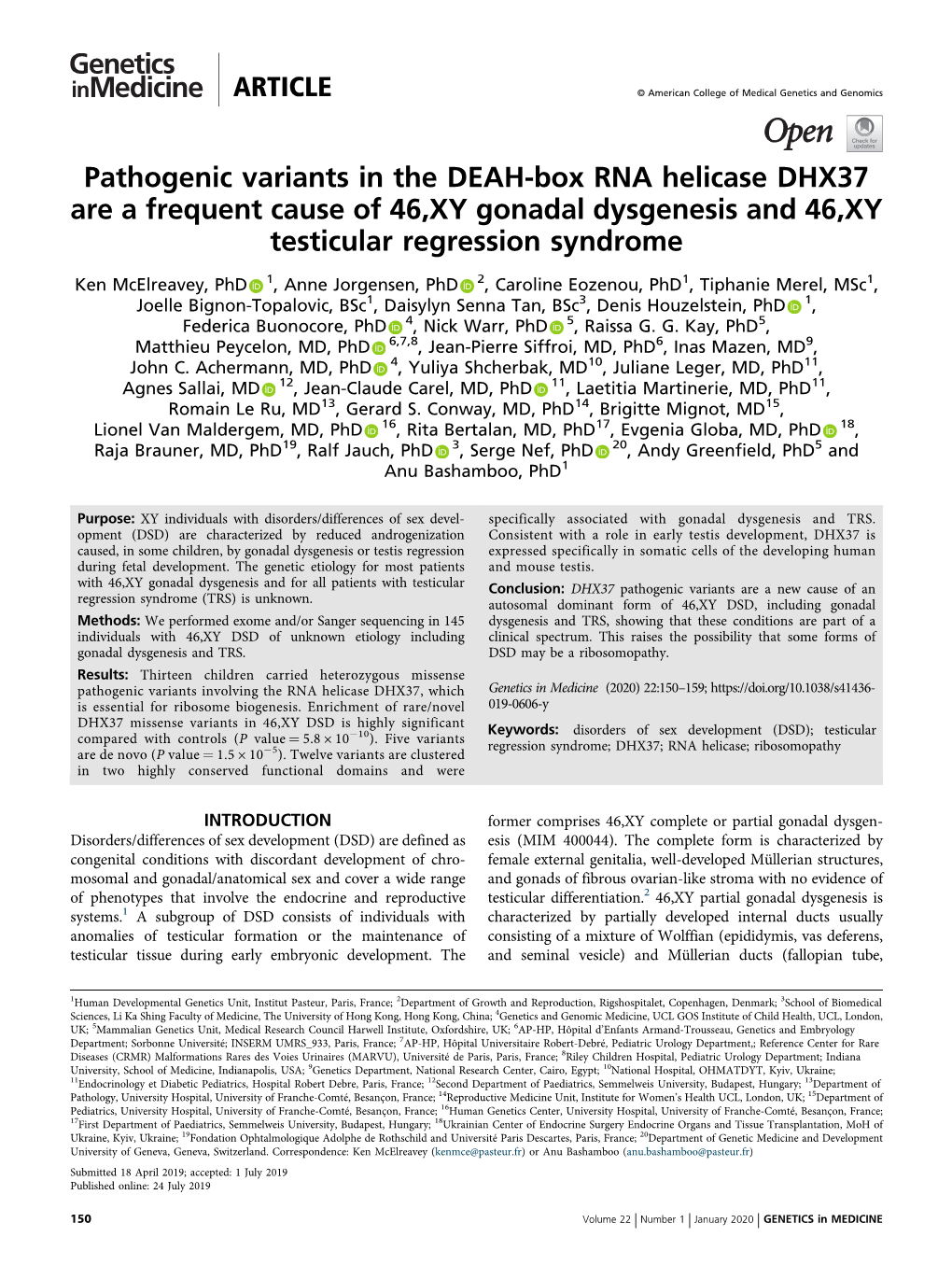 Pathogenic Variants in the DEAH-Box RNA Helicase DHX37 Are a Frequent Cause of 46,XY Gonadal Dysgenesis and 46,XY Testicular Regression Syndrome