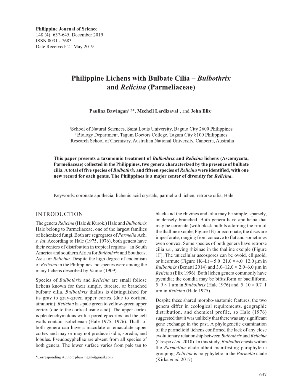 Philippine Lichens with Bulbate Cilia – Bulbothrix and Relicina (Parmeliaceae)