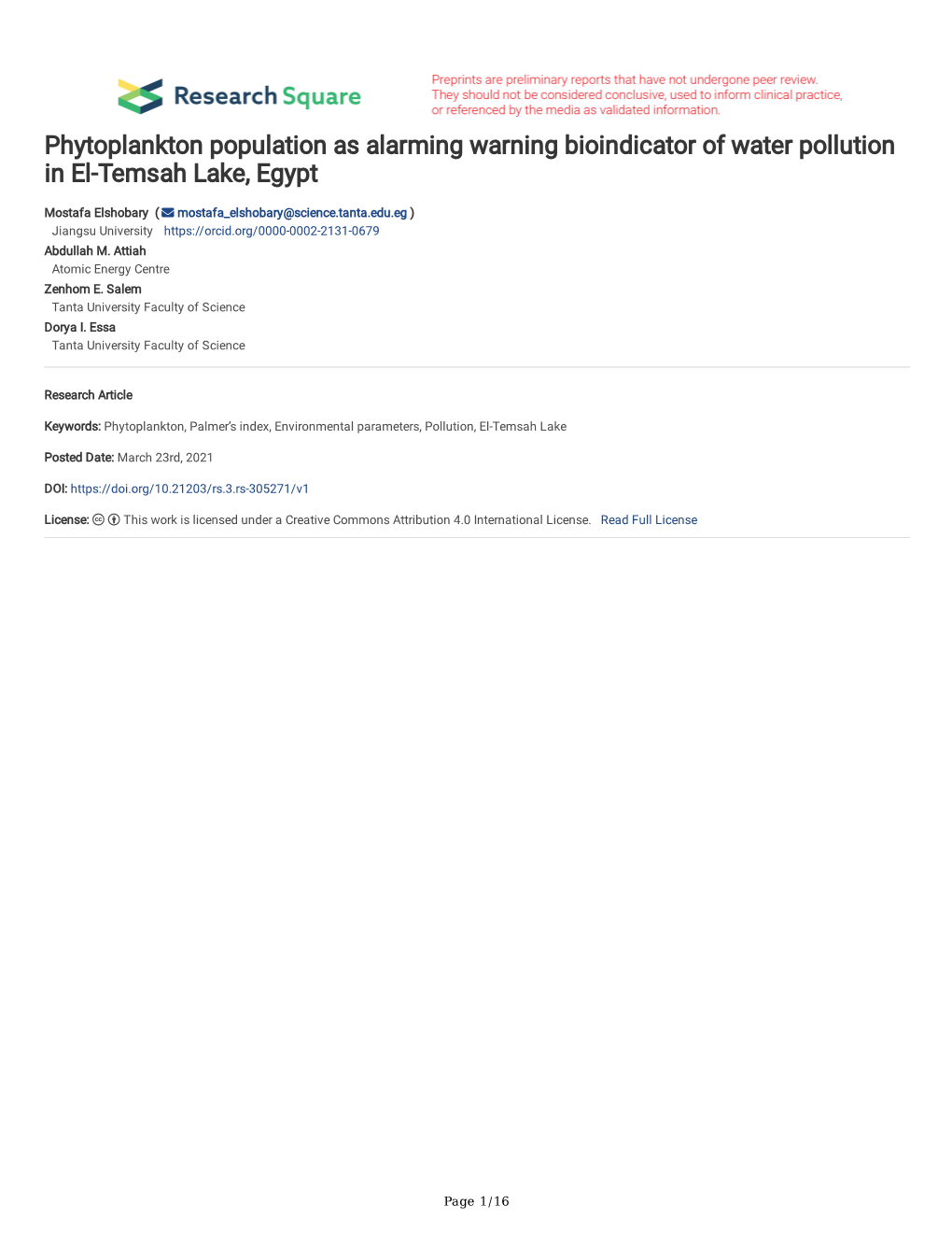 Phytoplankton Population As Alarming Warning Bioindicator of Water Pollution in El-Temsah Lake, Egypt