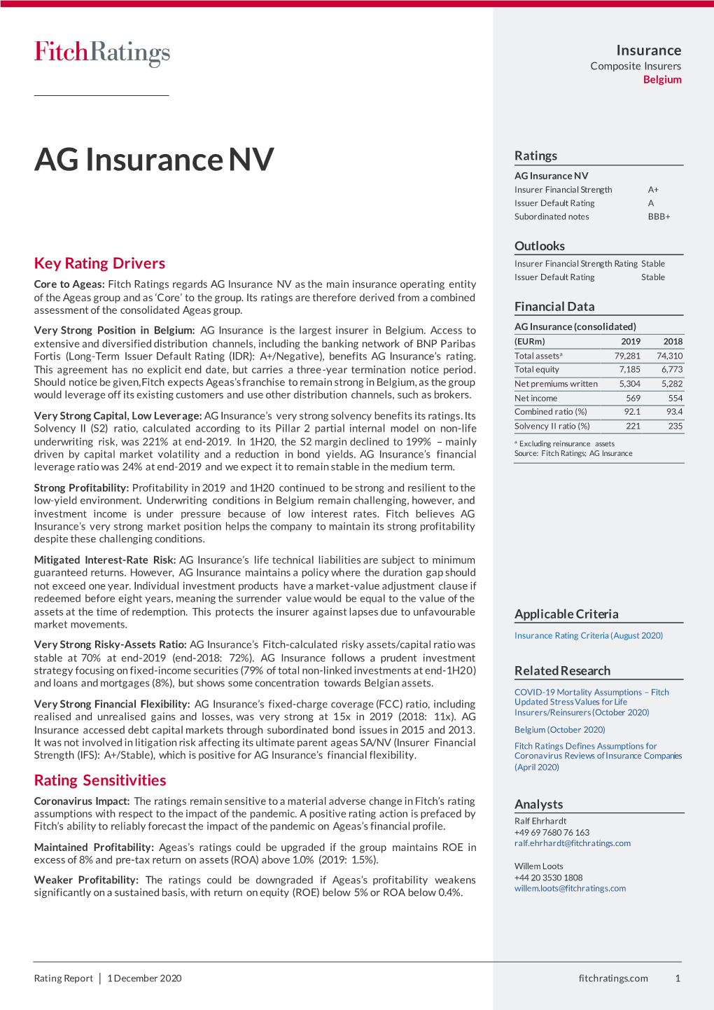 AG Insurance NV Ratings AG Insurance NV Insurer Financial Strength A+ Issuer Default Rating a Subordinated Notes BBB+