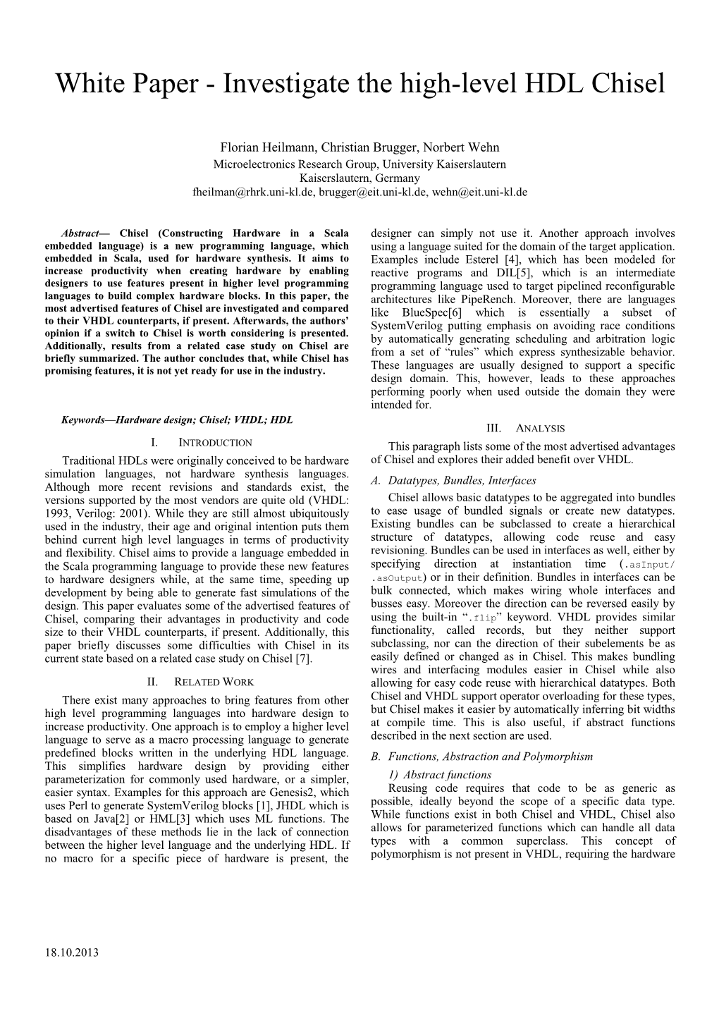 White Paper - Investigate the High-Level HDL Chisel