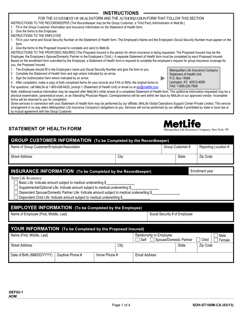 Instructions Statement of Health Form