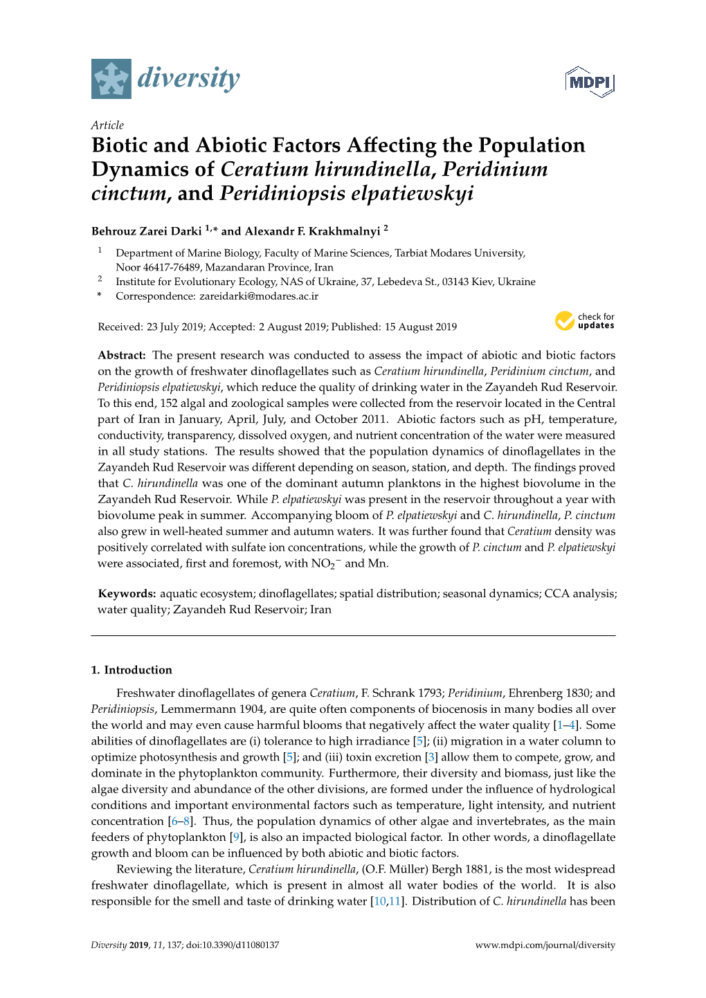 Biotic and Abiotic Factors Affecting the Population Dynamics of Ceratium