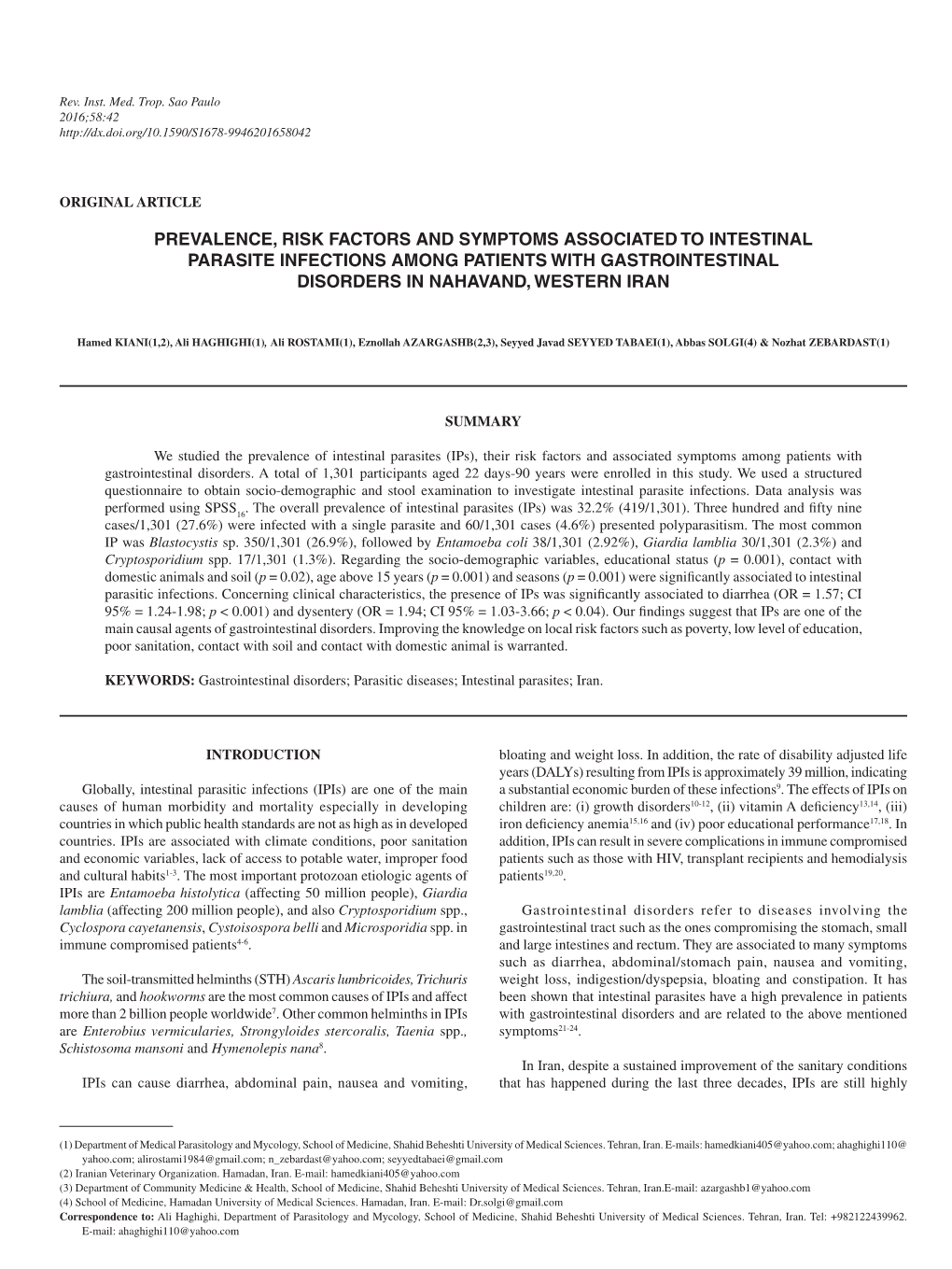 Prevalence, Risk Factors and Symptoms Associated to Intestinal Parasite Infections Among Patients with Gastrointestinal Disorders in Nahavand, Western Iran