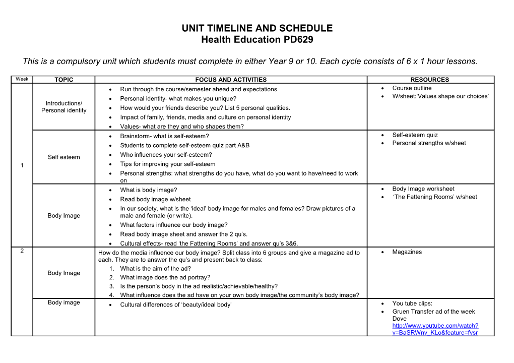 Unit Timeline and Schedule