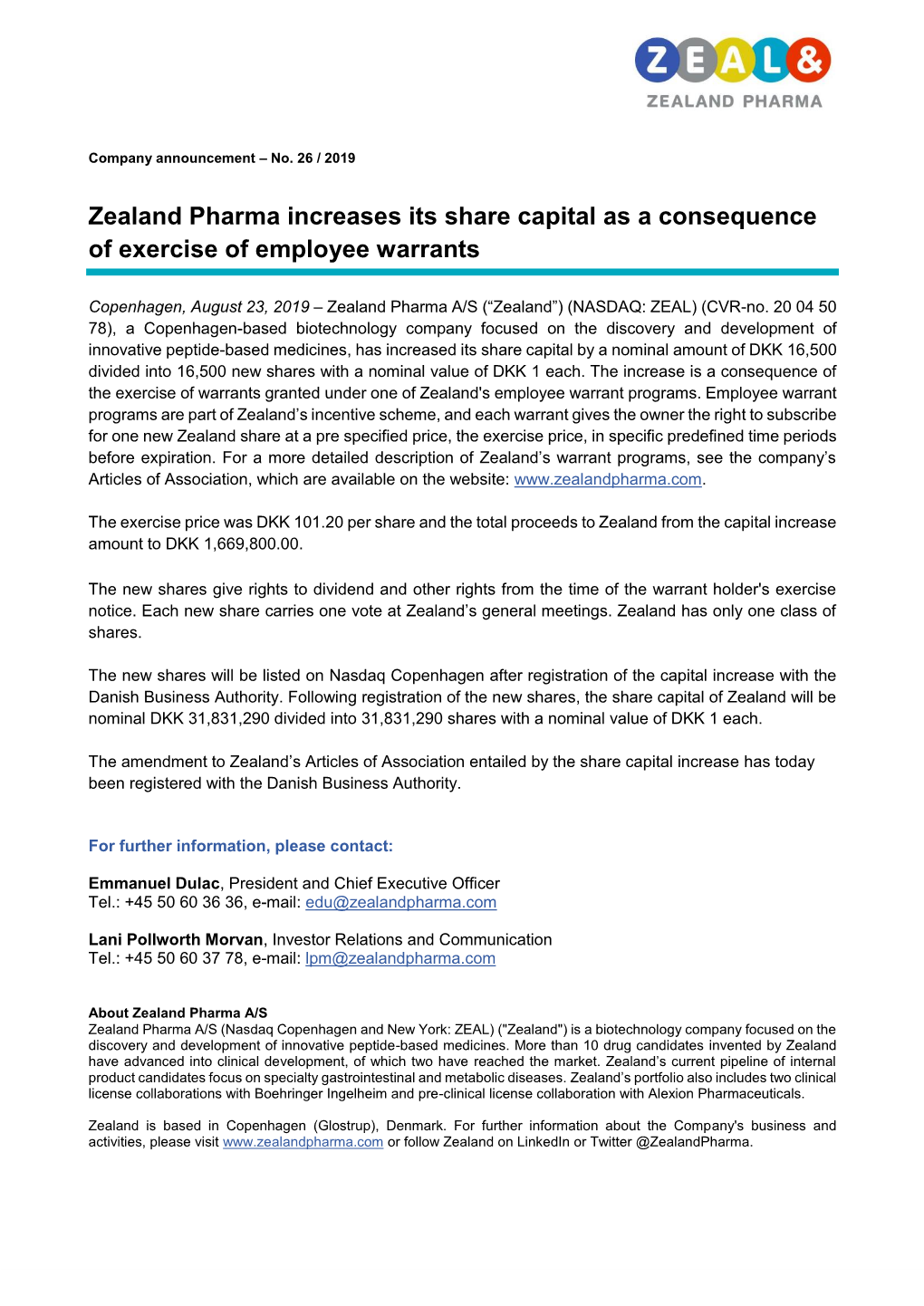 Zealand Pharma Increases Its Share Capital As a Consequence of Exercise of Employee Warrants