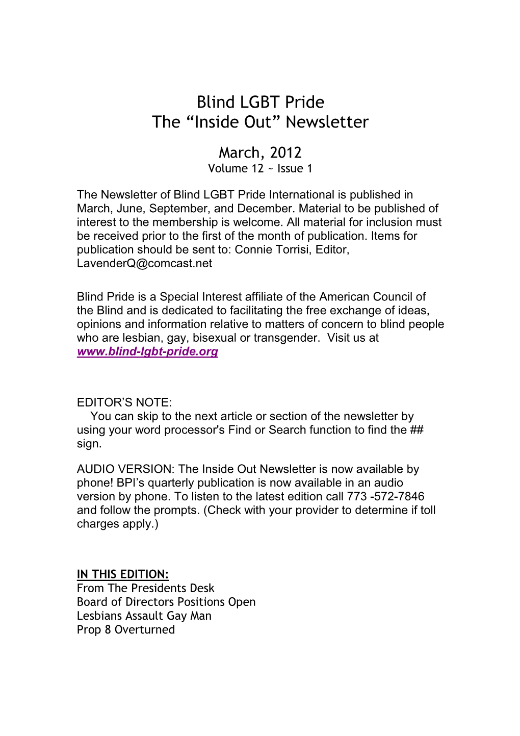 Blind LGBT Pride the “Inside Out” Newsletter