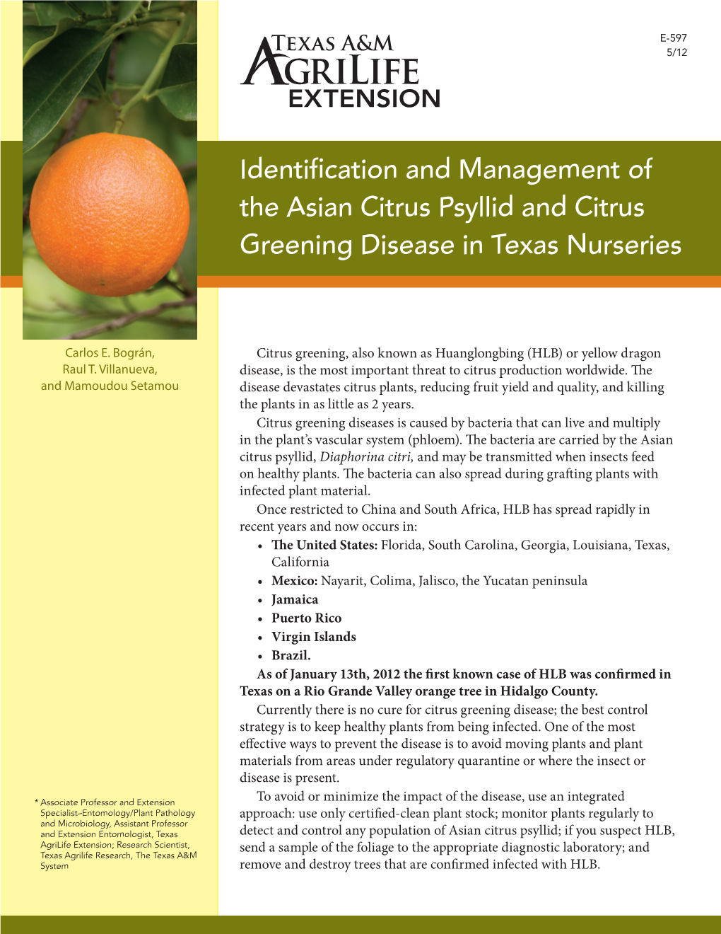 Identification and Management of the Asian Citrus Psyllid and Citrus Greening Disease in Texas Nurseries