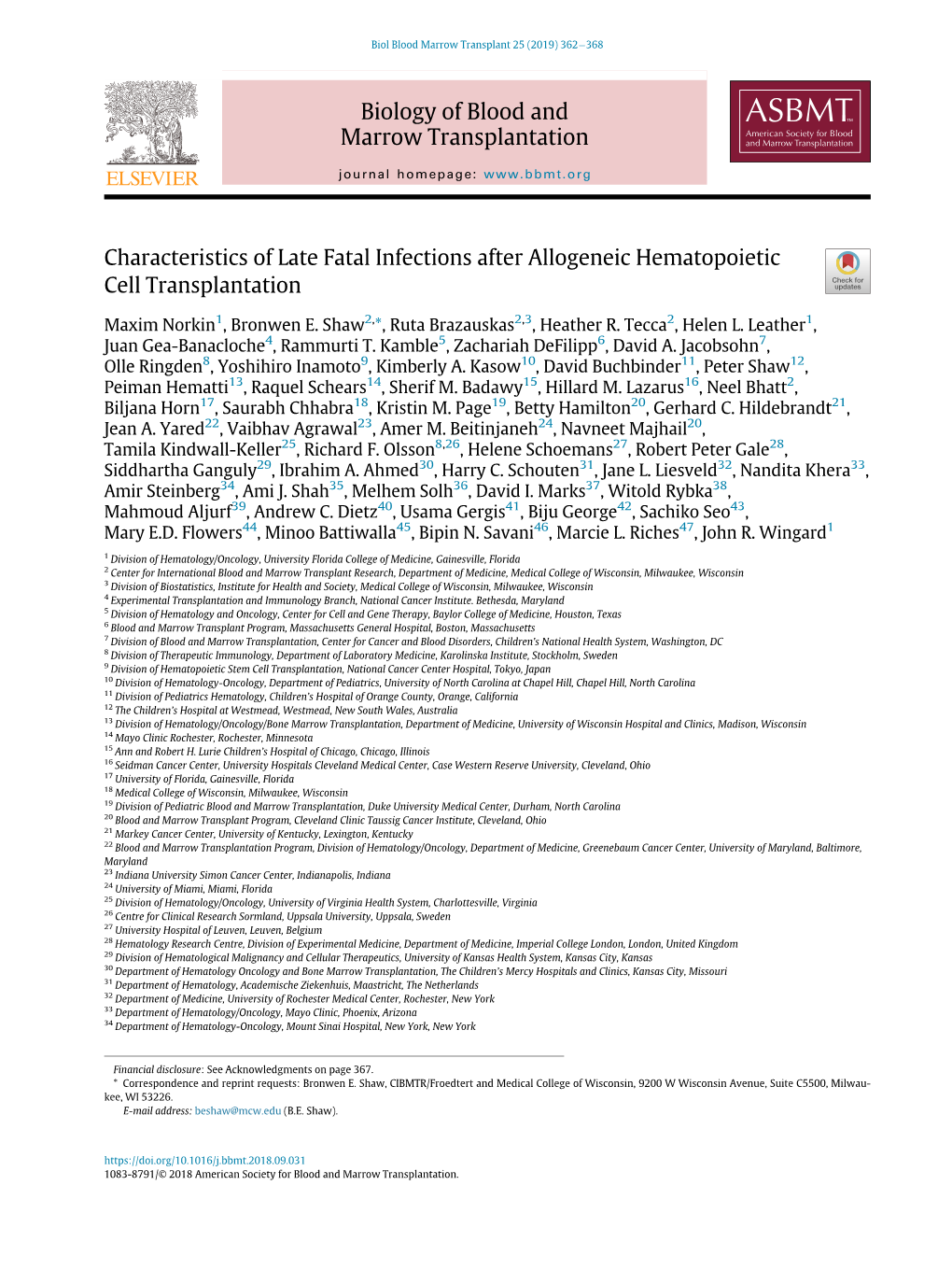 Characteristics of Late Fatal Infections After Allogeneic Hematopoietic Cell Transplantation