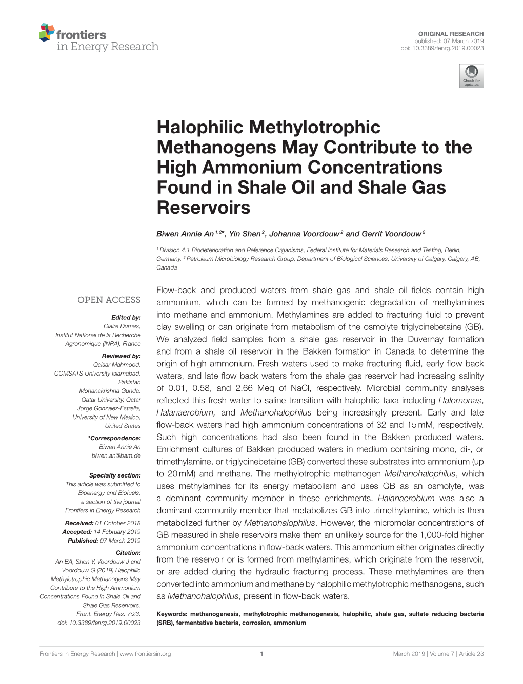 Halophilic Methylotrophic Methanogens May Contribute to the High Ammonium Concentrations Found in Shale Oil and Shale Gas Reservoirs