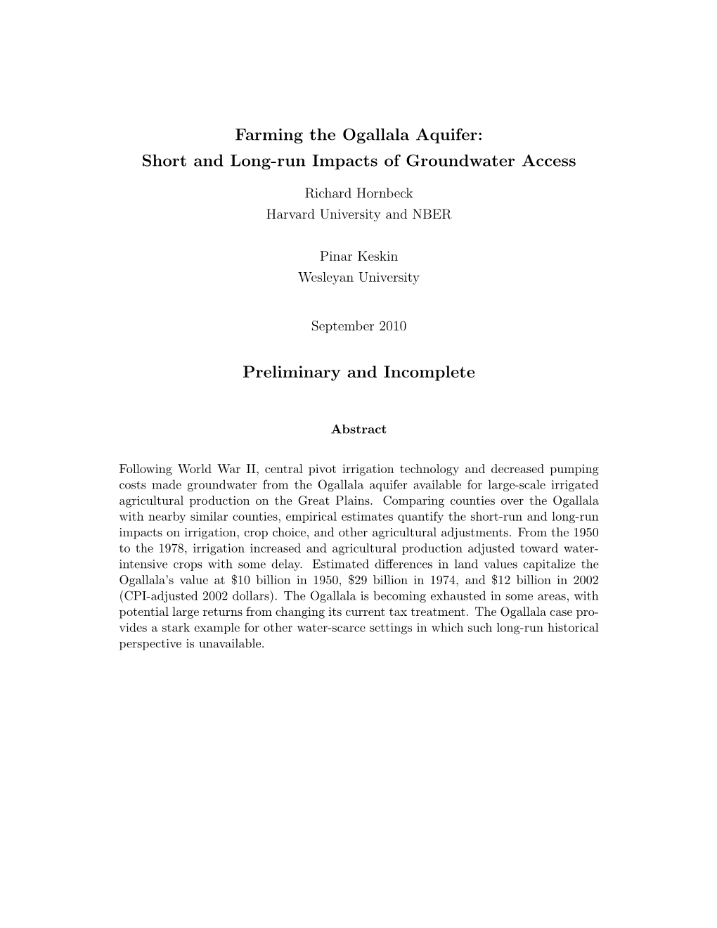 Farming the Ogallala Aquifer: Short and Long-Run Impacts of Groundwater Access