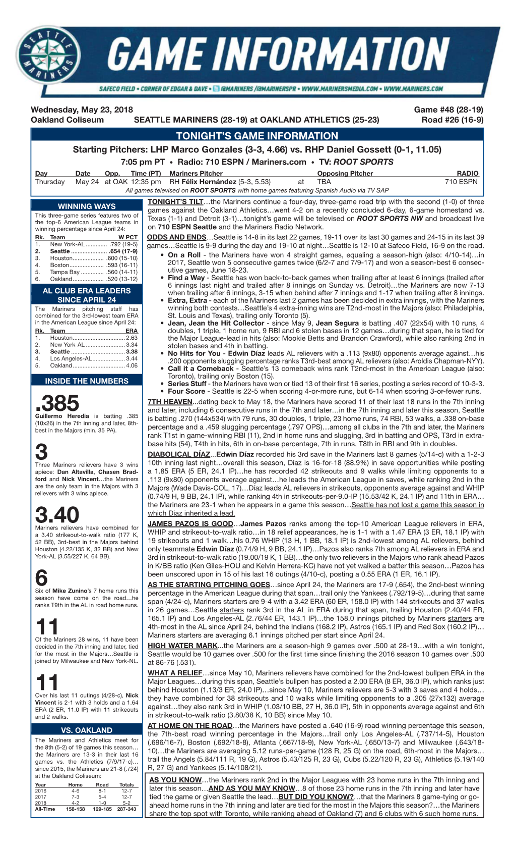 05-23-2018 Mariners Game Notes