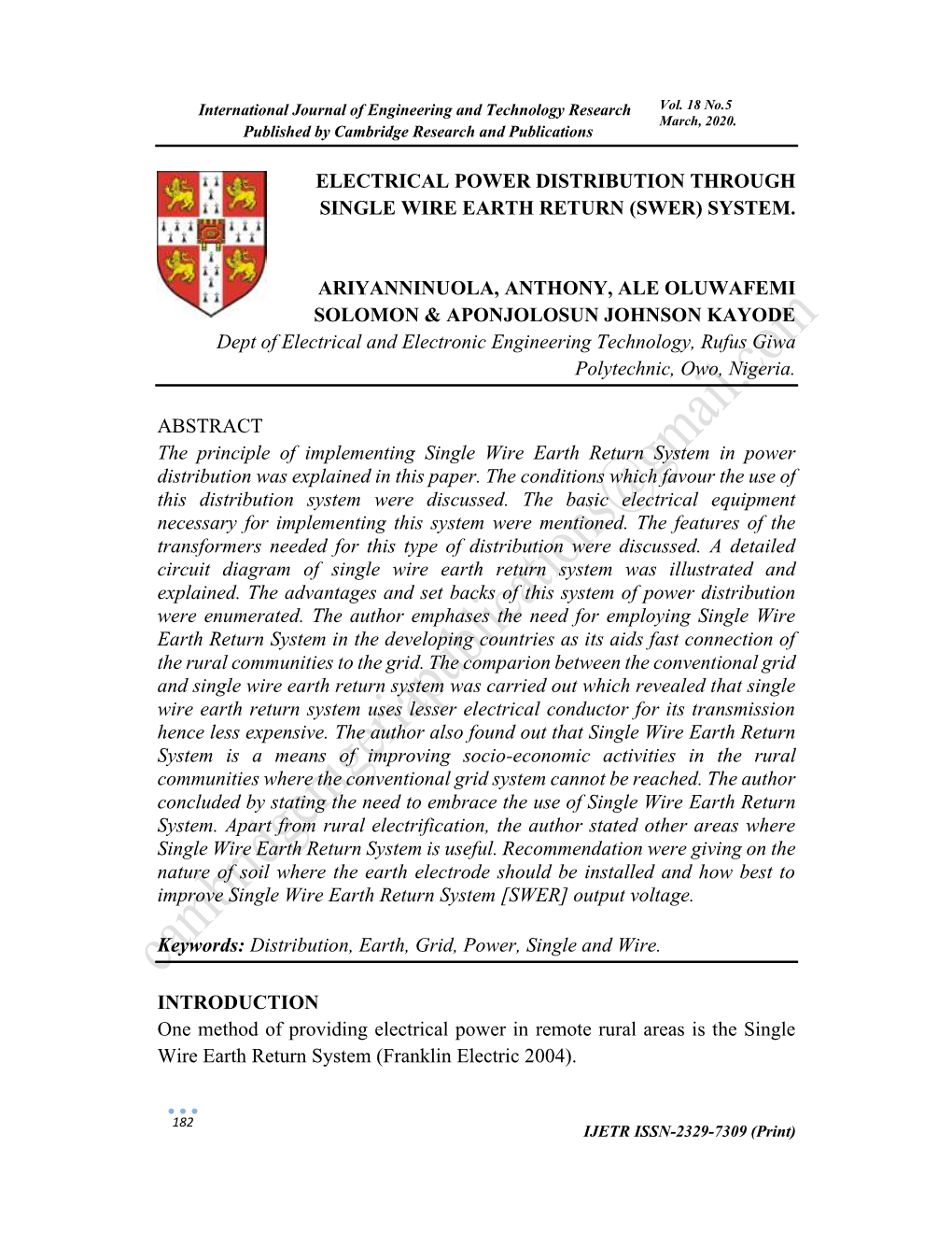 Electrical Power Distribution Through Single Wire Earth Return (Swer) System