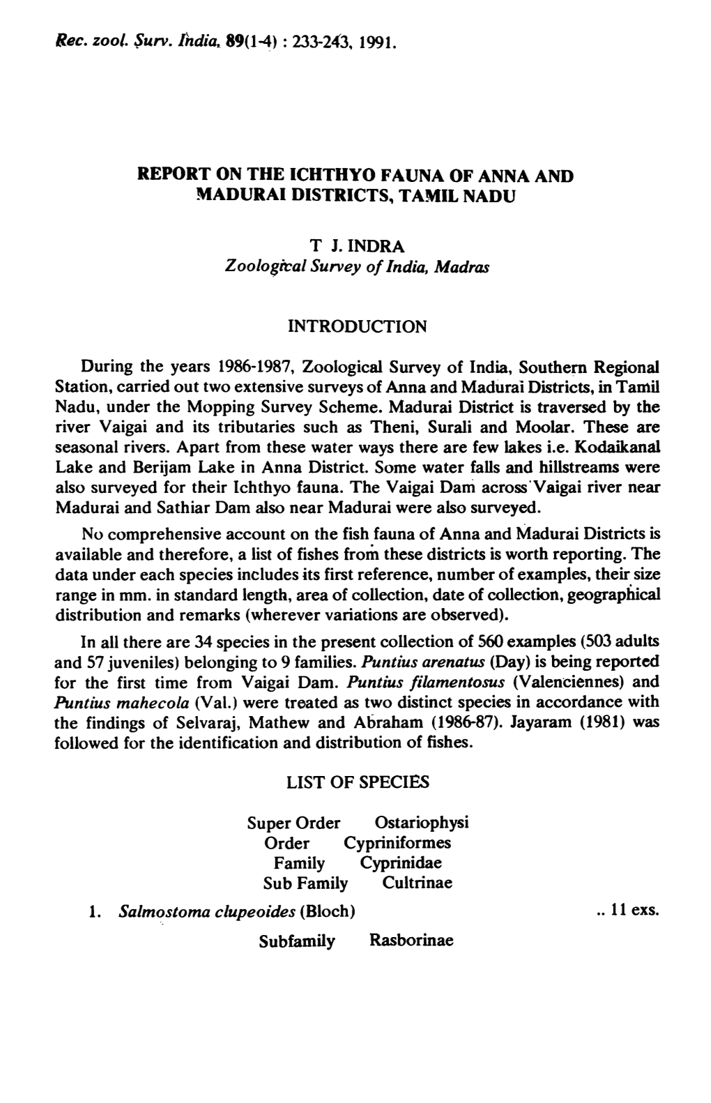 Report on the Ichthyo Fauna of Anna and Madurai Districts