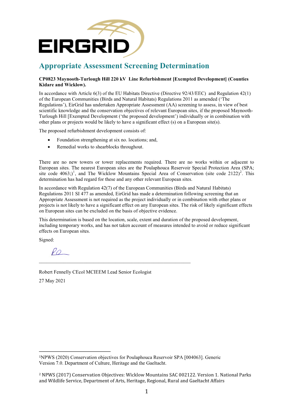 Appropriate Assessment Screening Determination