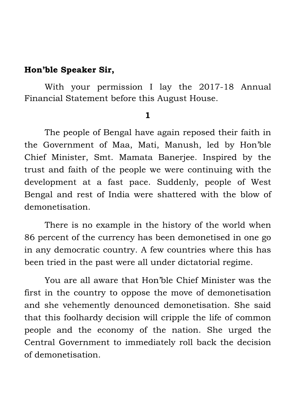 Hon'ble Speaker Sir, with Your Permission I Lay the 2017-18