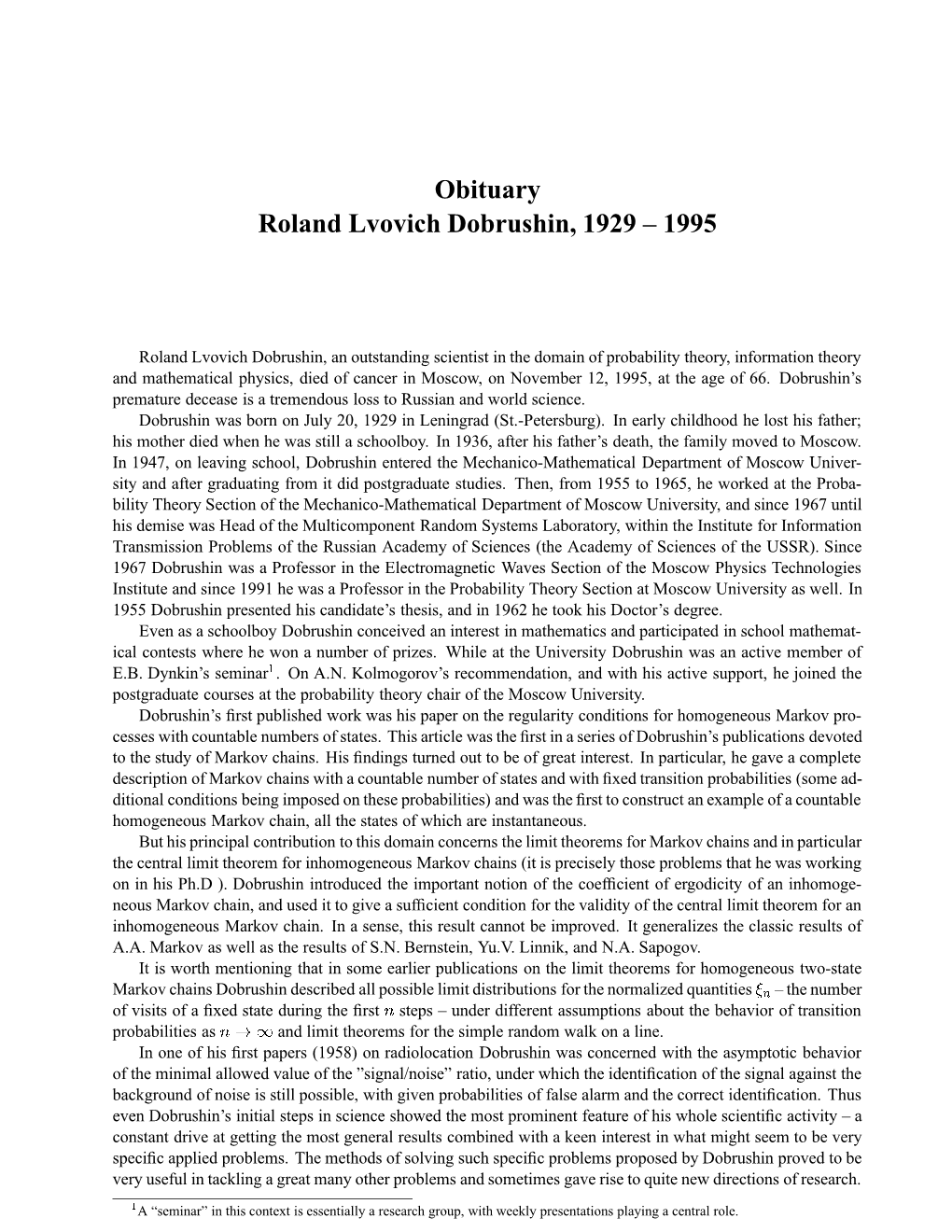 Obituary Roland Lvovich Dobrushin, 1929 – 1995