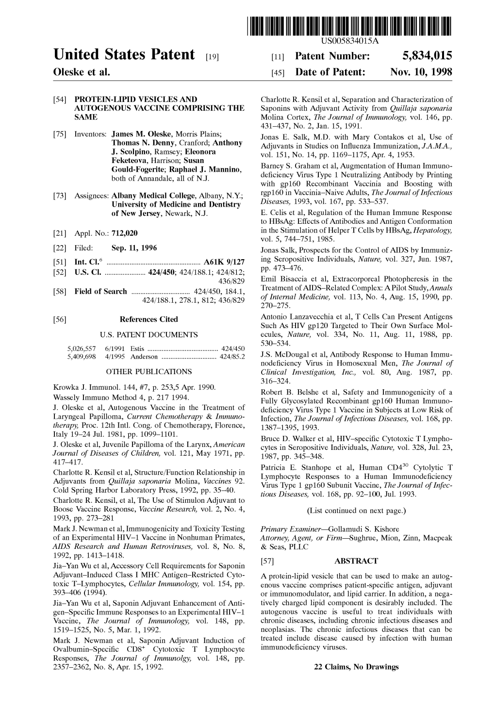 United States Patent (19) 11 Patent Number: 5,834,015 Oleske Et Al