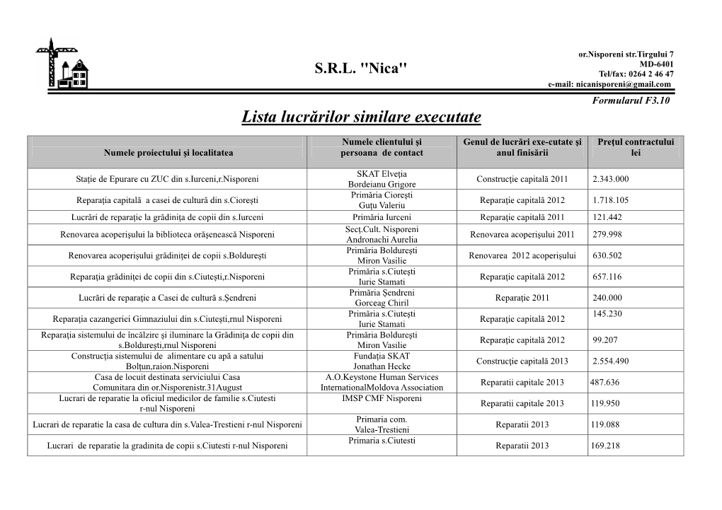 Lista Lucrărilor Similare Executate