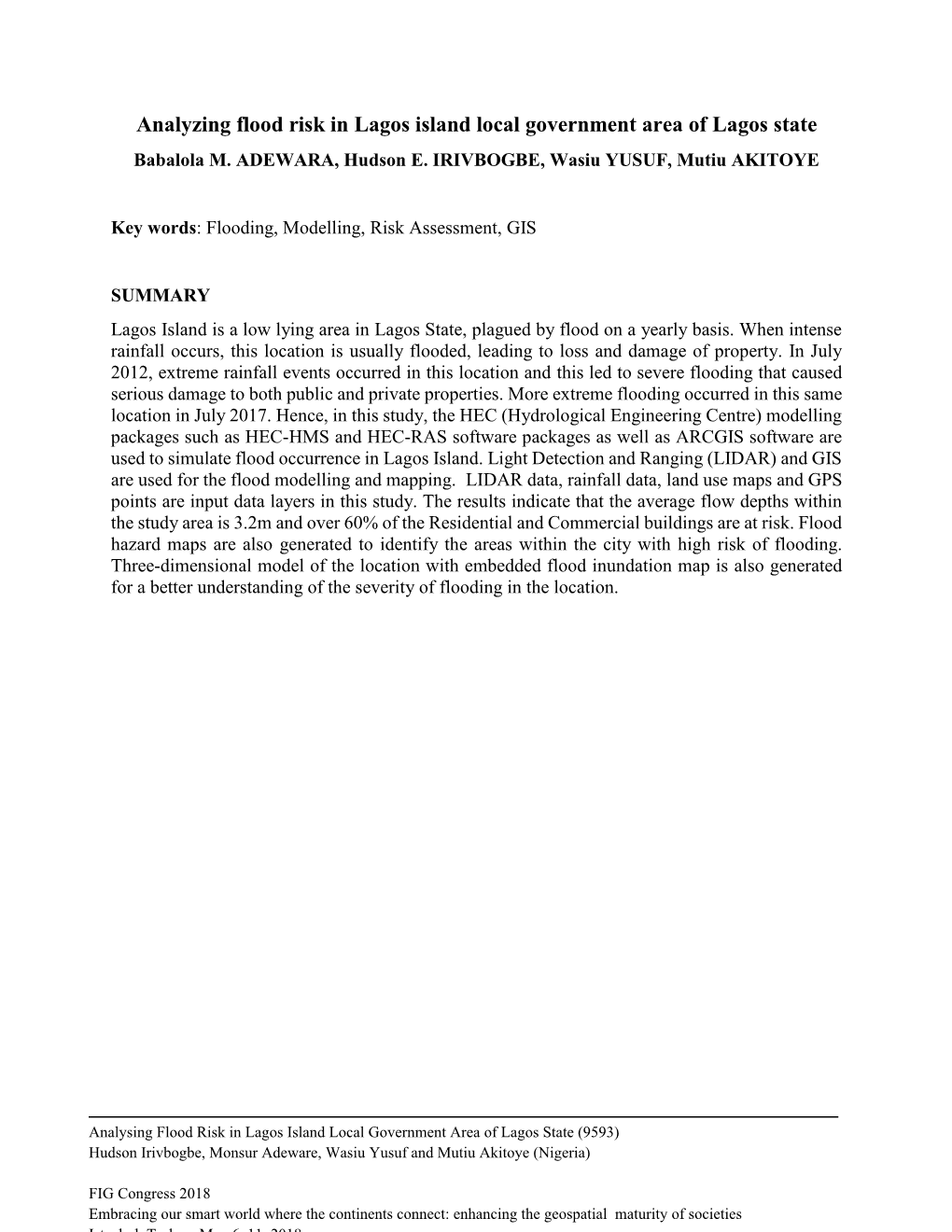 Analyzing Flood Risk in Lagos Island Local Government Area of Lagos State Babalola M