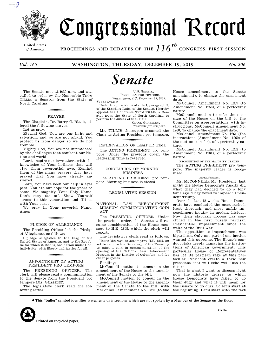 Congressional Record United States Th of America PROCEEDINGS and DEBATES of the 116 CONGRESS, FIRST SESSION