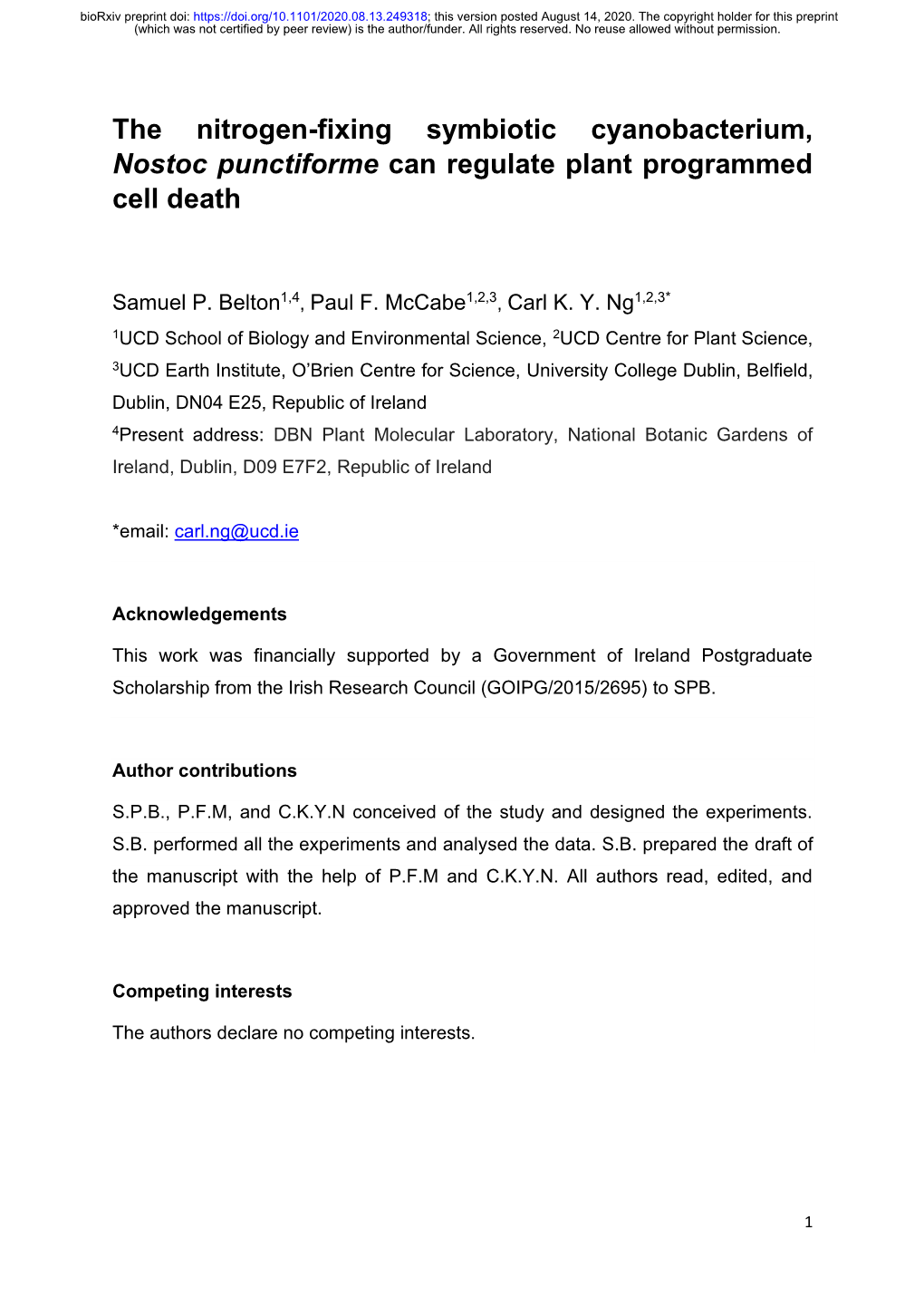 The Nitrogen-Fixing Symbiotic Cyanobacterium, Nostoc Punctiforme Can Regulate Plant Programmed Cell Death