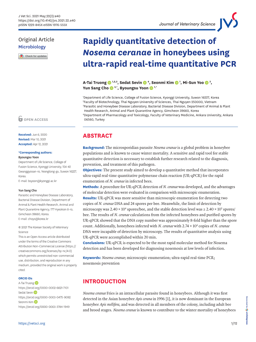 Rapidly Quantitative Detection of Nosema Ceranae in Honeybees Using Ultra-Rapid Real-Time Quantitative