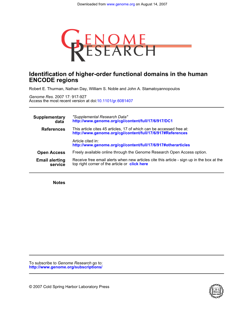 ENCODE Regions Identification of Higher-Order Functional Domains in the Human