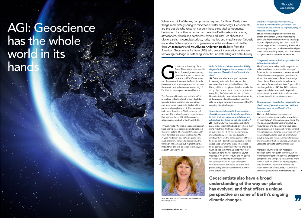 AGI: Geoscience Has the Whole World in Its Hands