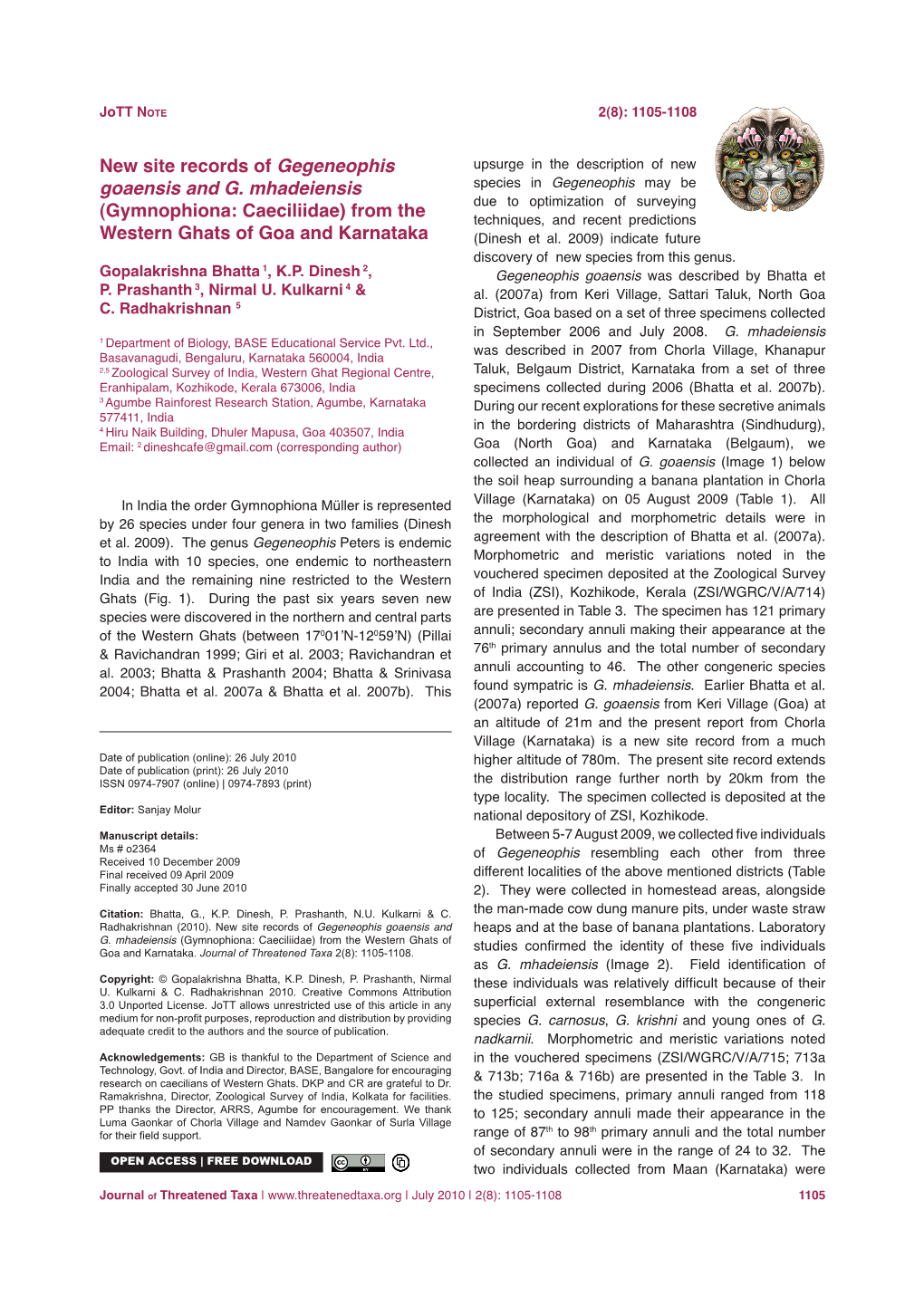 Gymnophiona: Caeciliidae) from the Techniques, and Recent Predictions Western Ghats of Goa and Karnataka (Dinesh Et Al