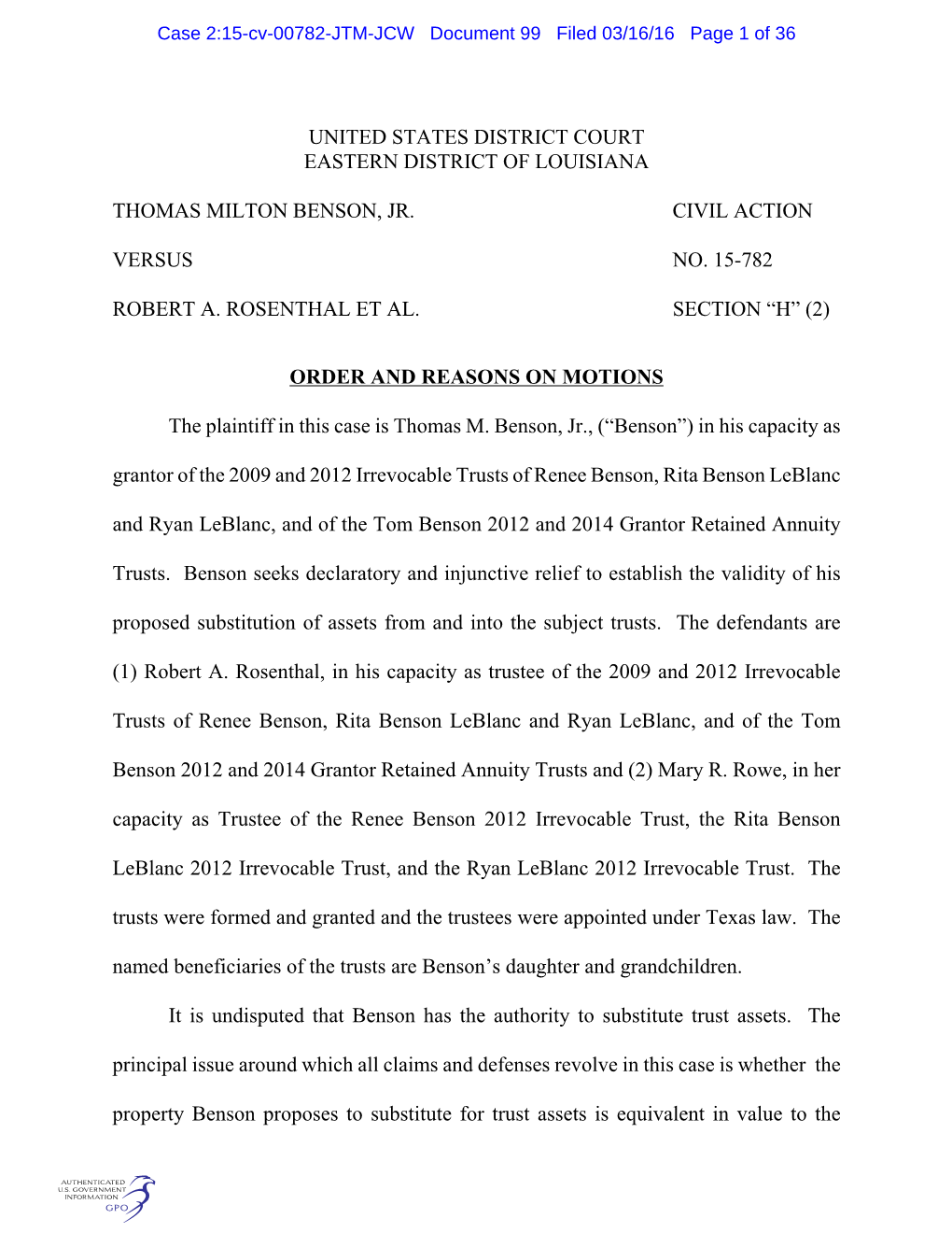 Case 2:15-Cv-00782-JTM-JCW Document 99 Filed 03/16/16 Page 1 of 36