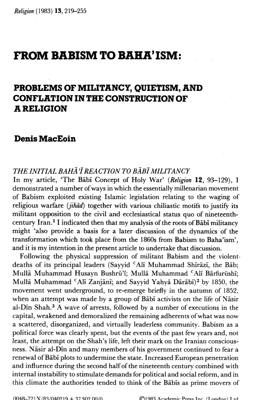 From Babism to Baha'ism: Problems of Militancy, Quietism, and Conflation