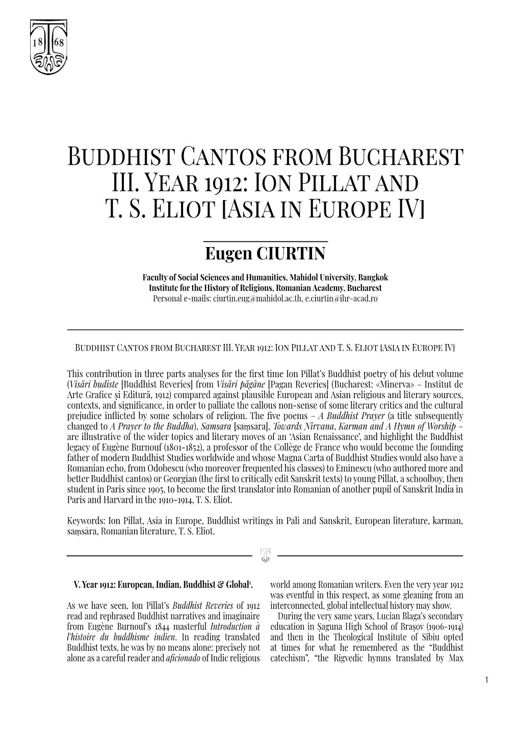 Buddhist Cantos from Bucharest III. Year 1912: Ion Pillat and TS Eliot