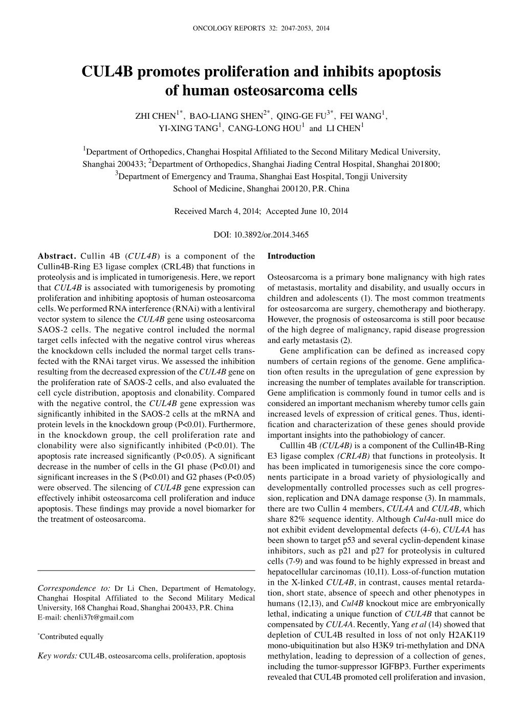 CUL4B Promotes Proliferation and Inhibits Apoptosis of Human Osteosarcoma Cells