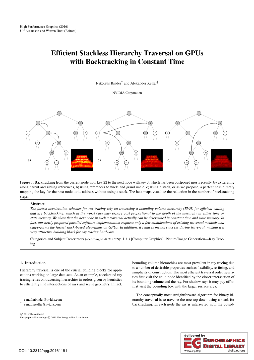 Efficient Stackless Hierarchy Traversal on Gpus with Backtracking in Constant Time