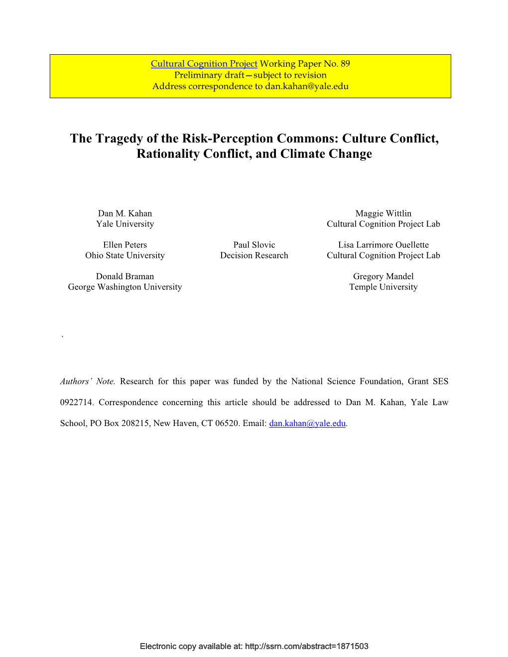 The Tragedy of the Risk-Perception Commons: Culture Conflict, Rationality Conflict, and Climate Change