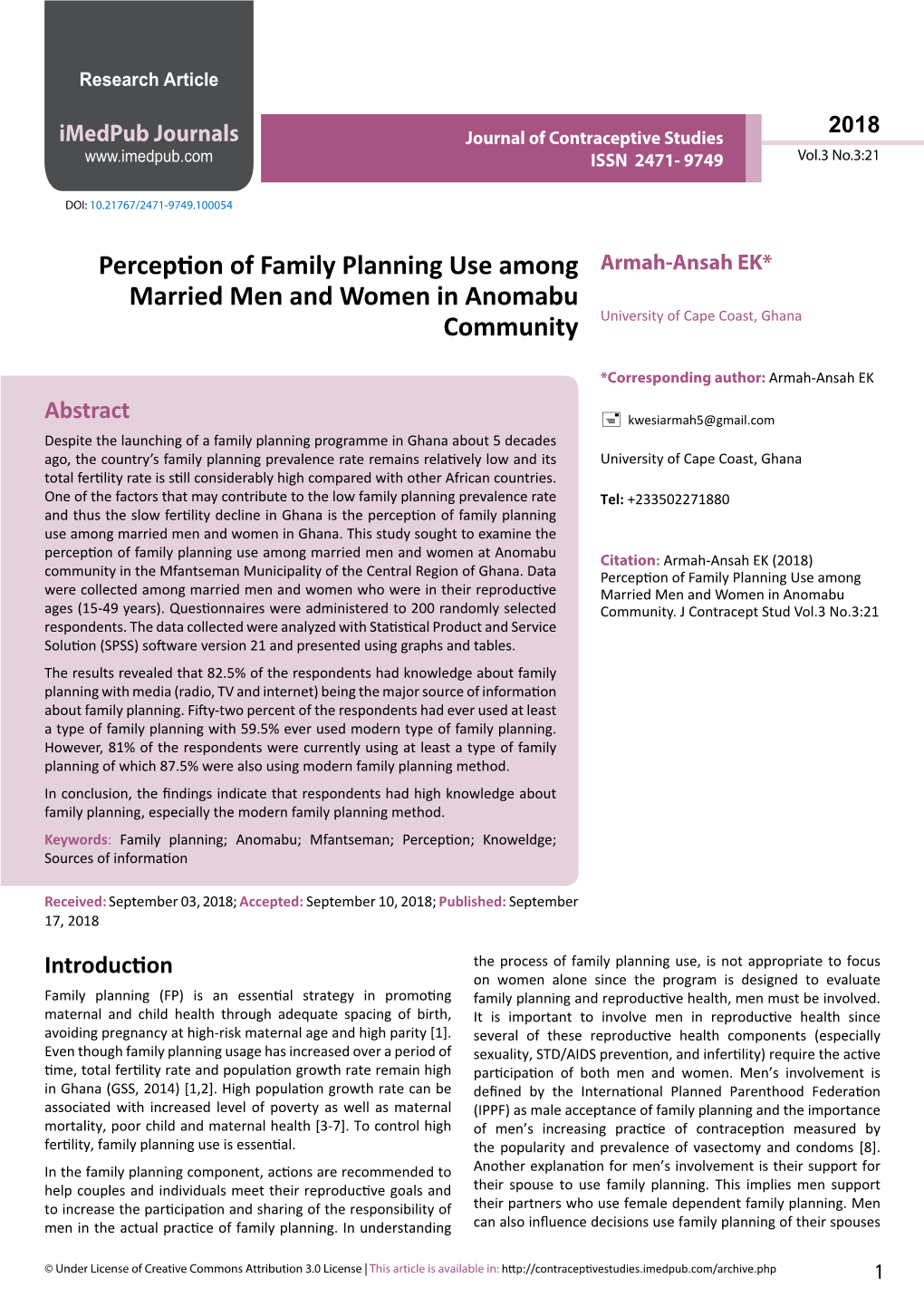 Perception of Family Planning Use Among Married Men and Women in Ghana