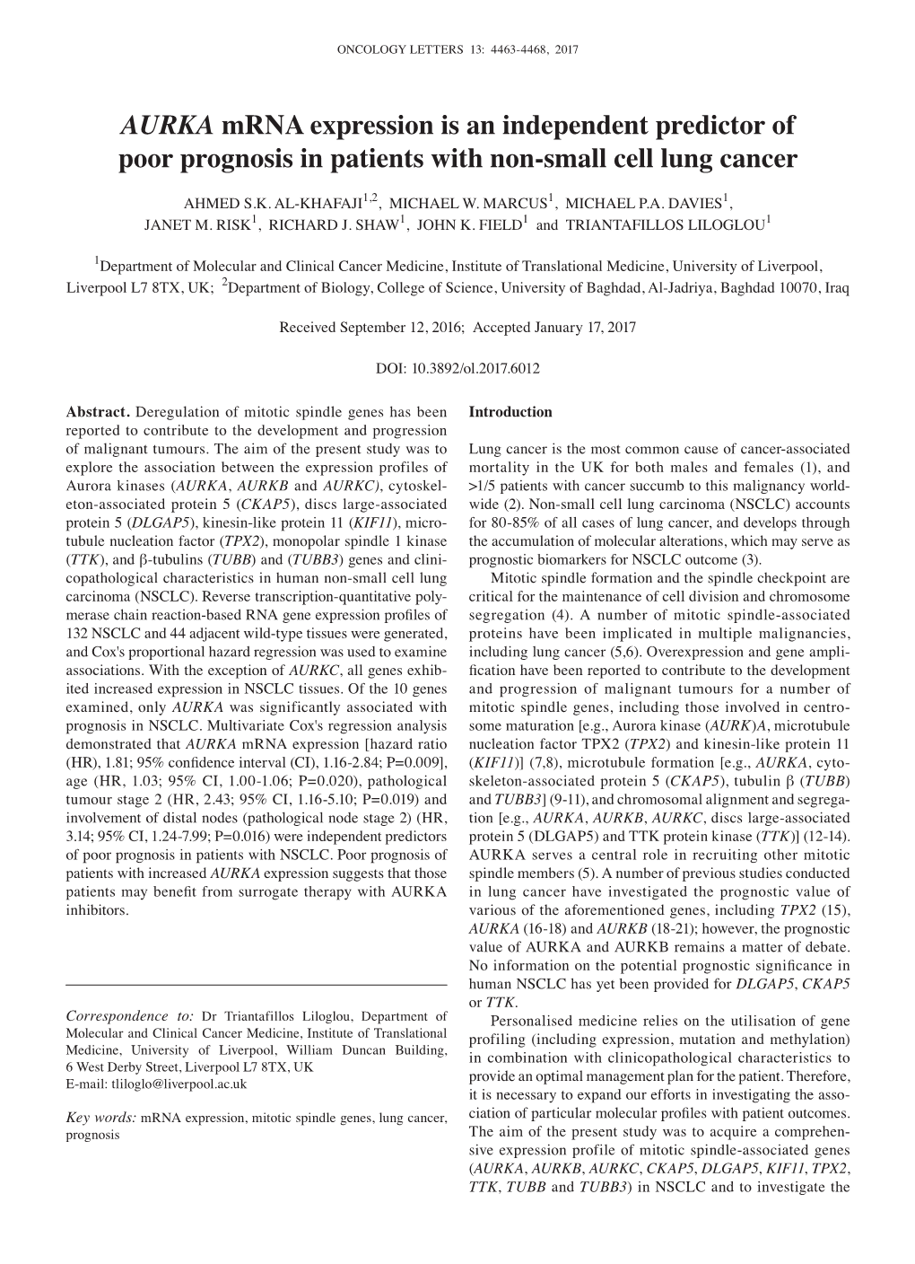 AURKA Mrna Expression Is an Independent Predictor of Poor Prognosis in Patients with Non-Small Cell Lung Cancer