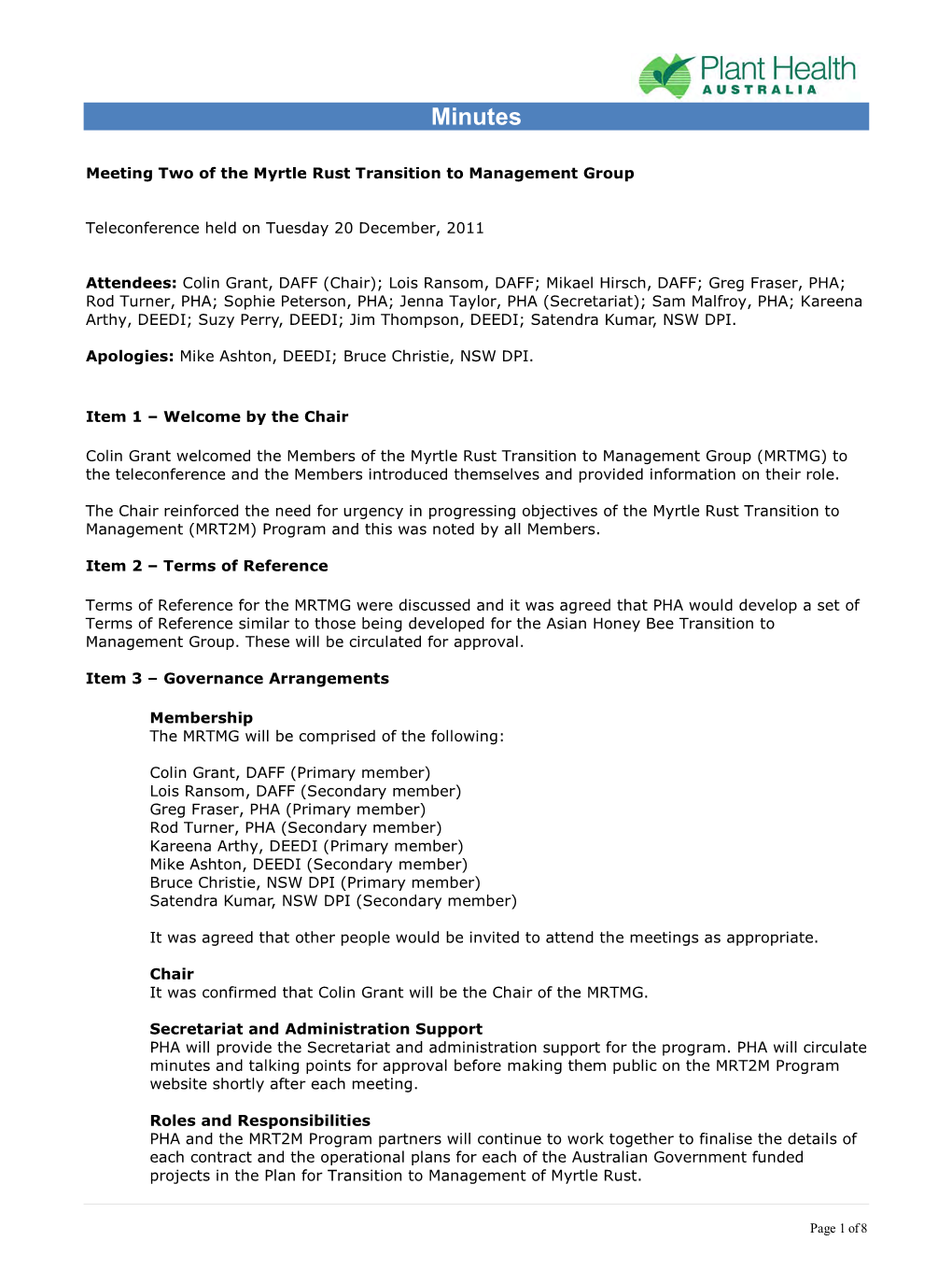 Myrtle Rust Transition to Management Group Meeting Minutes