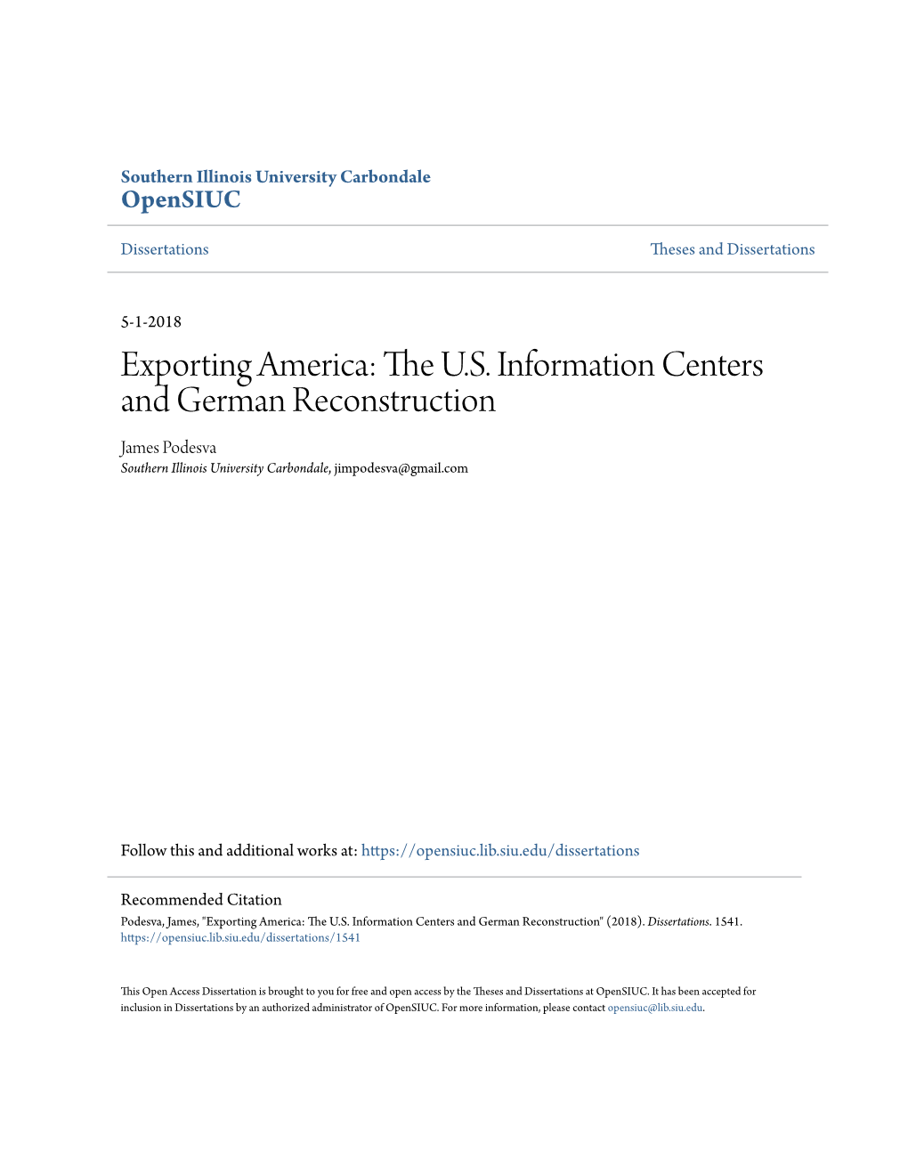 Exporting America: the U.S. Information Centers and German Reconstruction