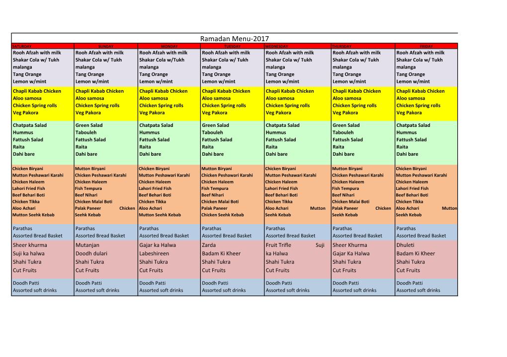 Iftar Menu 2017