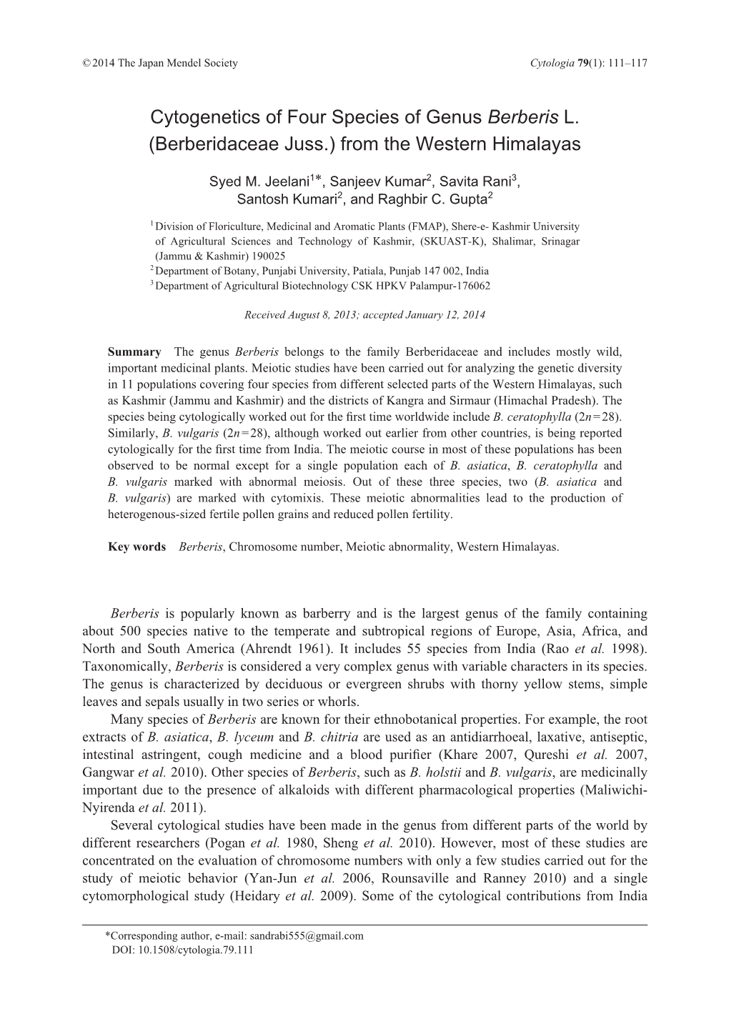 Cytogenetics of Four Species of Genus Berberis L