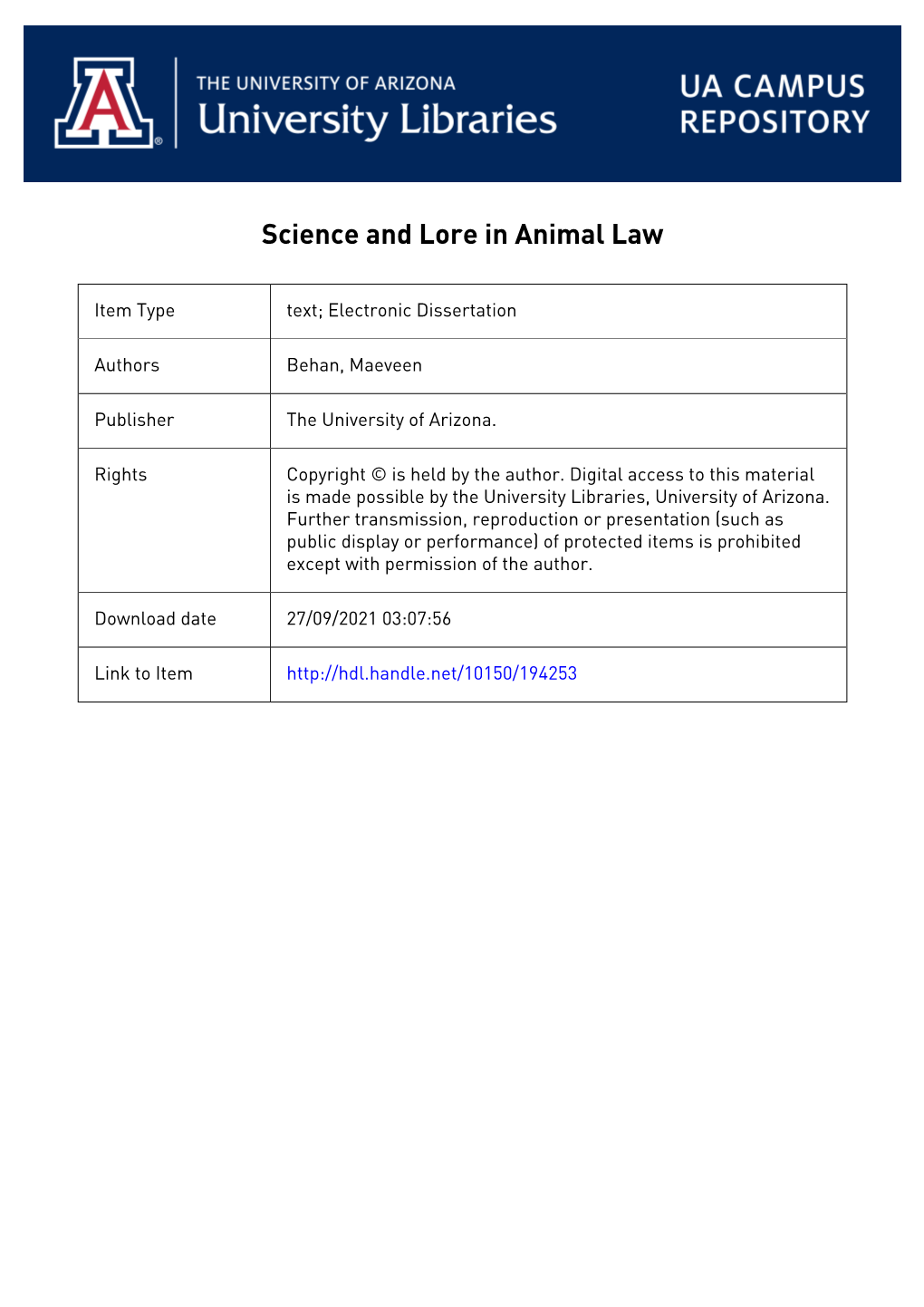 SCIENCE and LORE in ANIMAL LAW Maeveen Marie Behan