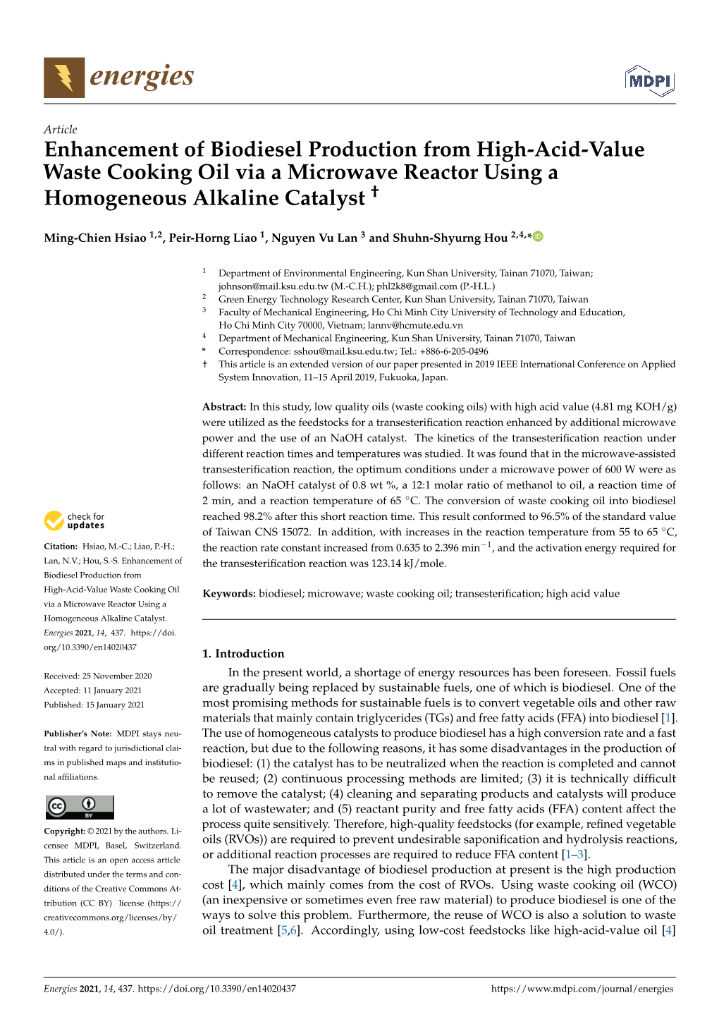 Enhancement of Biodiesel Production from High-Acid-Value Waste Cooking Oil Via a Microwave Reactor Using a Homogeneous Alkaline Catalyst †