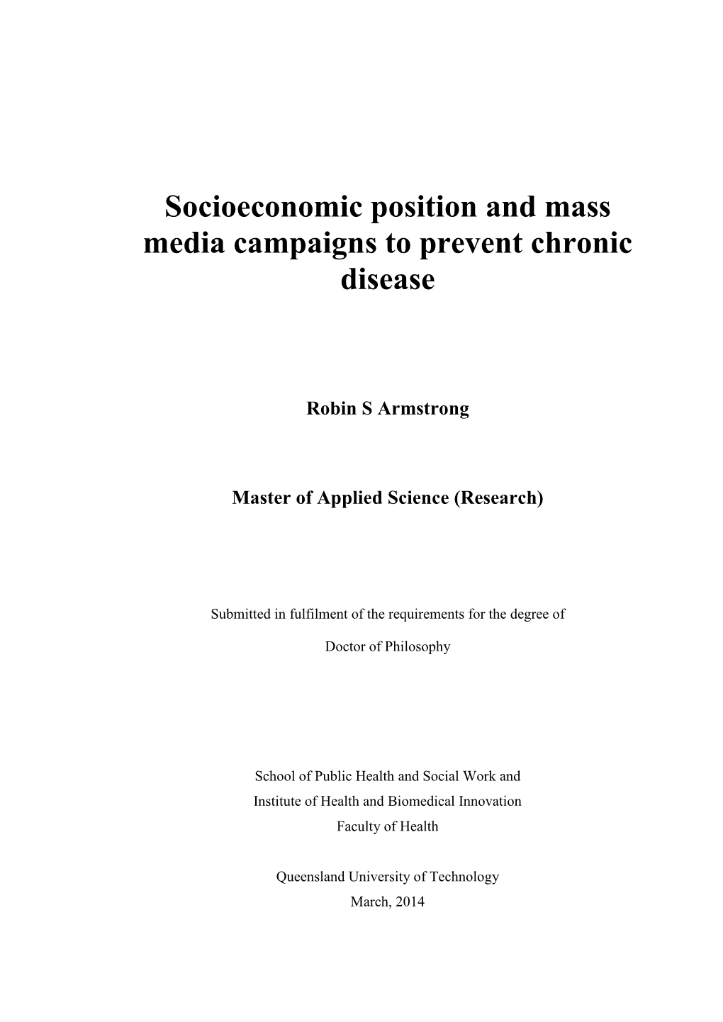 Socioeconomic Position and Mass Media Campaigns to Prevent Chronic Disease