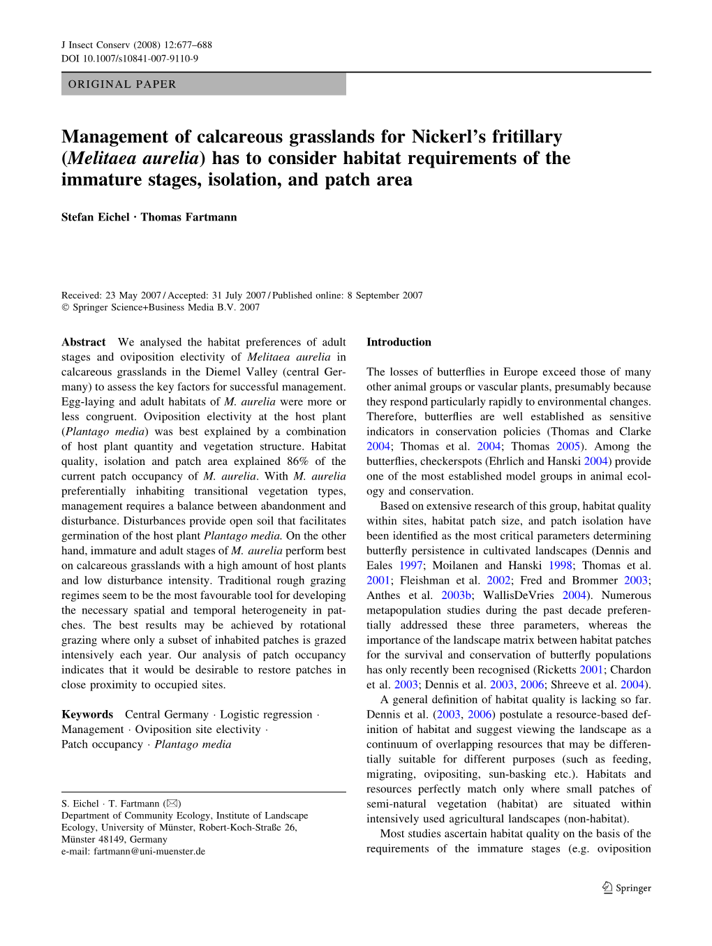 (Melitaea Aurelia) Has to Consider Habitat Requirements of the Immature Stages, Isolation, and Patch Area